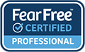 A rectangular badge with the words "Fear Free Certified Professional" in white and blue text, featuring a checkmark inside a blue circle next to "Certified," highlighting your vet or veterinarian status.