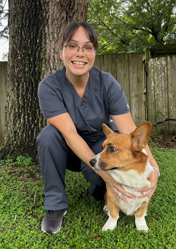 A veterinarian in gray scrubs kneels on grass next to a brown and white corgi, smiling at the camera. They are outdoors near a large tree and a wooden fence.
