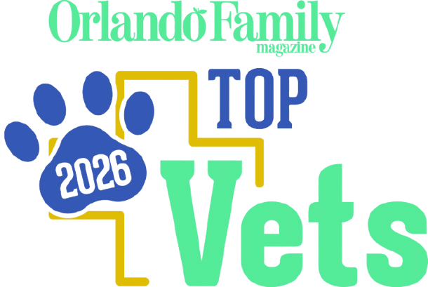 Logo for Orlando Family Magazine's "Top Vets 2026" featuring a blue paw print with "2026" inside, and large text in green, blue, and yellow.