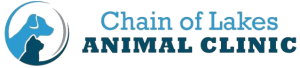 Logo for Chain of Lakes Animal Clinic featuring a blue outline of a dog and a cat inside a circle, highlighting the trusted care of your local veterinarian, with the clinic name in blue and dark blue bold text to the right.