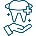 Outline icon of a hand holding a large tooth, with a medical cross and sparkles around it, representing dental or oral health services provided by a veterinarian.