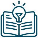 A blue outline icon of an open book with lines representing text and a glowing light bulb above the center, symbolizing learning, knowledge, or creative ideas in the field of veterinary medicine or for aspiring vets.