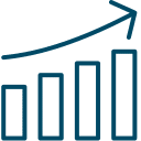 A simple blue line drawing of a bar graph with four ascending bars and an upward-curving arrow above them, symbolizing growth or progress for a veterinarian or vet practice.