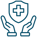 Outline of two hands beneath a shield with a medical cross, symbolizing health protection, healthcare, veterinary care, or vet insurance.