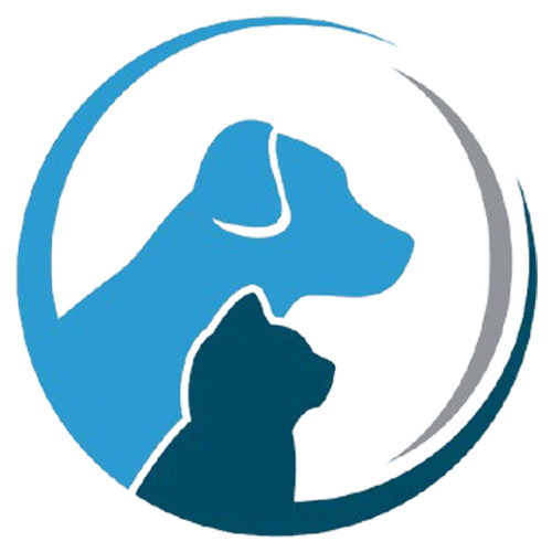 A simple logo showing the silhouettes of a dog and a cat inside a circular, swoosh-like border. Perfect for a veterinarian or vet clinic, the dog is light blue and larger, positioned behind the smaller, dark blue cat.