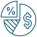 A blue outlined pie chart icon with three segments—a percentage symbol, diagonal lines, and the largest segment featuring a dollar sign—perfect for illustrating a vet or veterinarian’s financial or statistical data.