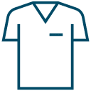 Simple line drawing of a short-sleeved vet scrub top with a V-neck and a small pocket on the left chest. The image is minimalistic and outlined in dark blue.